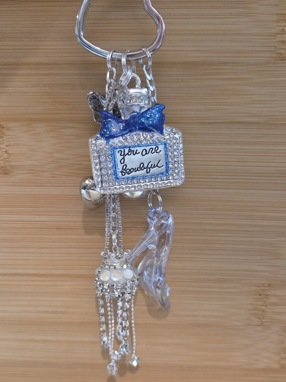 ✨ Luxury Rhinestone "You Are Beautiful" Perfume Bottle Keychain Charm ✨